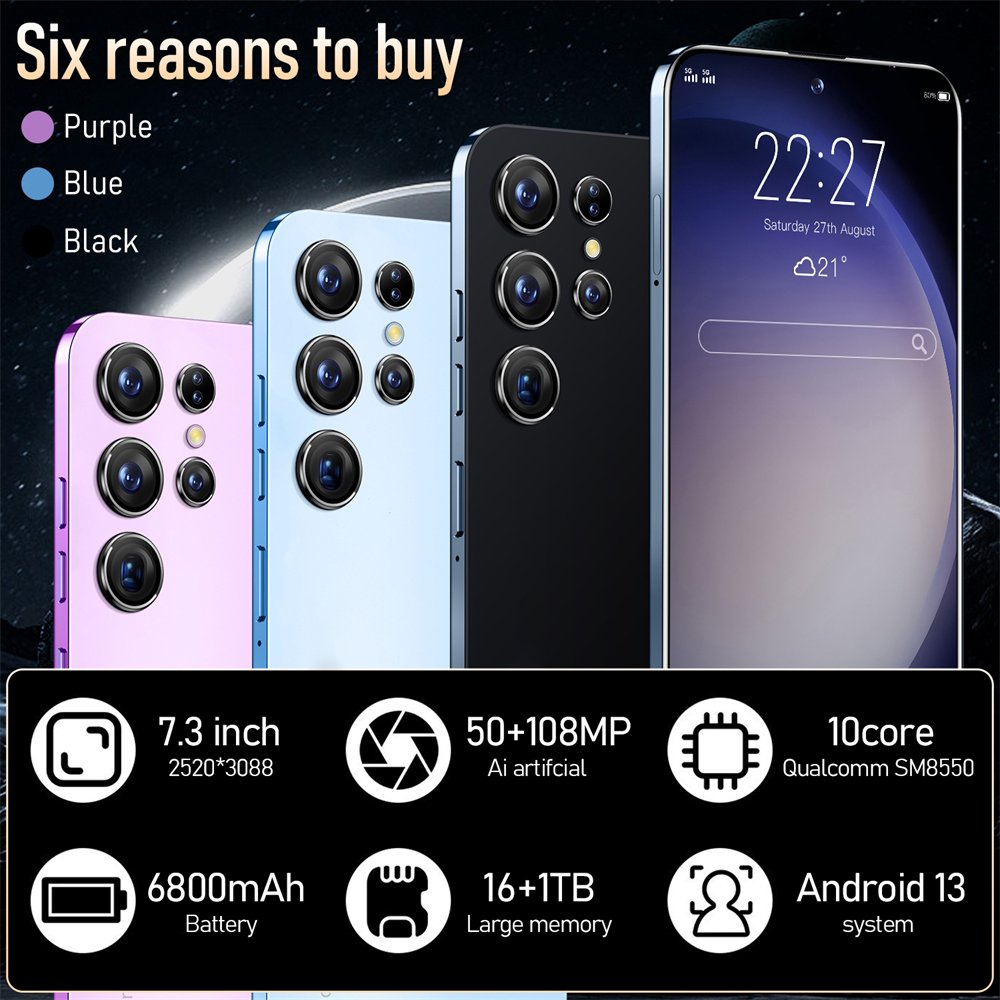 S23 Ultra Mobile 3g&4g Smartphone Dual Wifi GPS SIM Full Display Gravity Sensor 7.3 Inch HD 5G 50MP+108MP 6800mAh Android 13